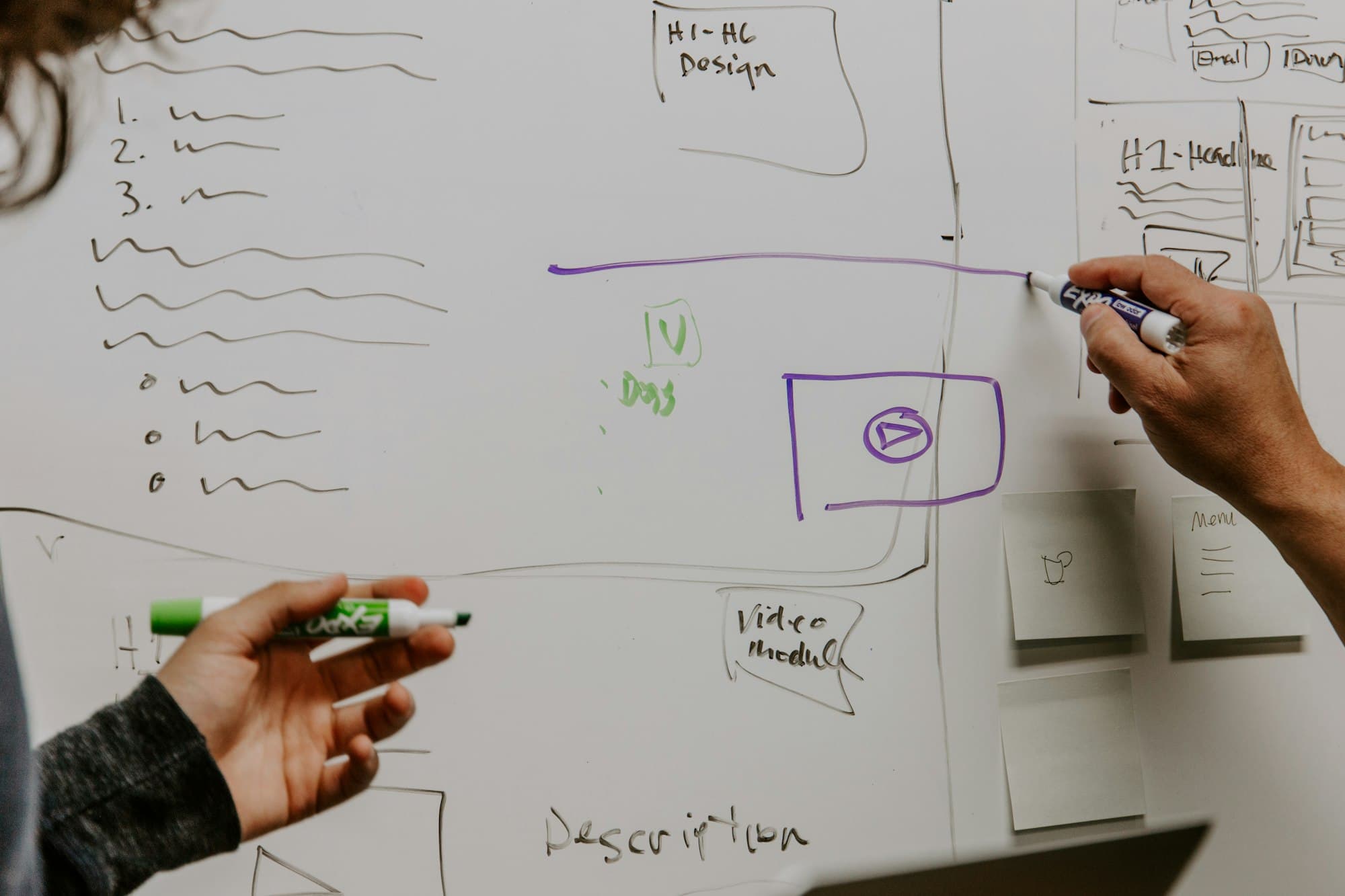 Hand sketching a system diagram on a whiteboard